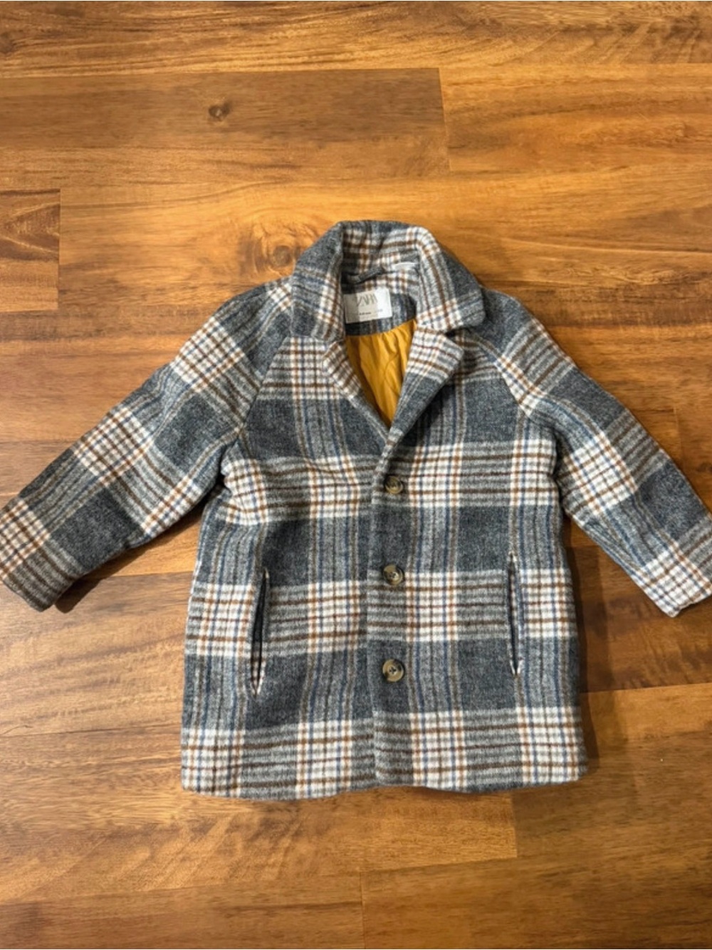 Zara Kids Plaid Peacoat in Gray, Cream & Brown